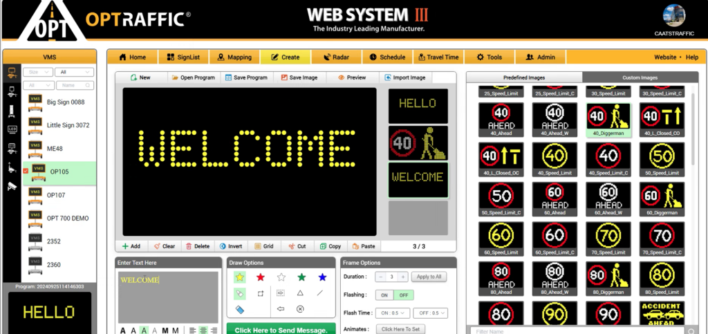 screenshot of the optraffic message board dashboard